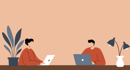 Two diverse individuals working remotely on laptops at a shared desk, embodying modern productivity, flexible work, and collaborative business environment.