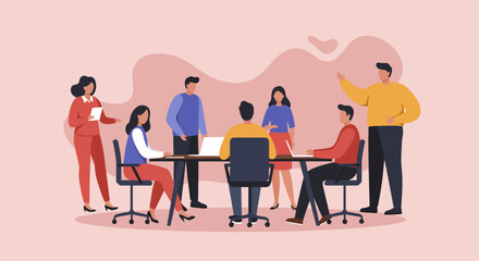 Flat design illustration of a diverse business team collaborating around a table during a presentation, ideal for marketing materials, landing pages, and web design projects.