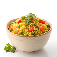 Aromatic vegetable pulao rice cooked with mixed vegetables and spices, served in a ceramic bowl,
