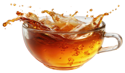 Splash of tea in a transparent cup