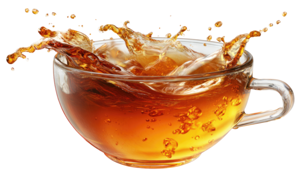 Splash of tea in a transparent cup
