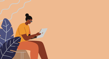 Illustration of a modern woman working or studying on a tablet, symbolizing remote work, digital communication, and contemporary lifestyle. Ideal for technology, business, or education themes.