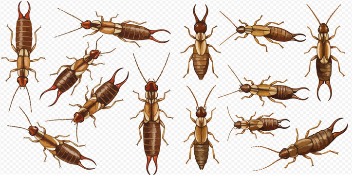 A collection of detailed brown earwig illustrations shown from various angles and perspectives on a transparent background.