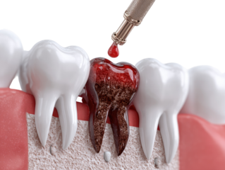 Close-up of a dental procedure.  A tooth with a dark cavity is being filled with a red liquid, likely a sealant or filling material.  Surrounding teeth are white.  Soft tissue and gums are visible