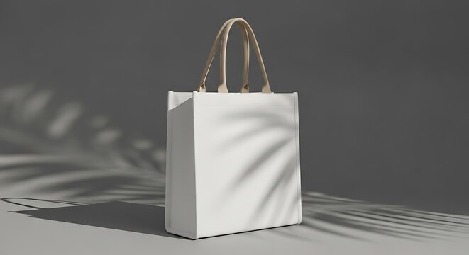 A white canvas tote bag with rope handles stands against a gray wall with shadows - Powered by Adobe