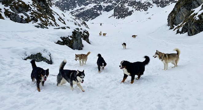 A pack of huskies playing in the snow on a mountain.