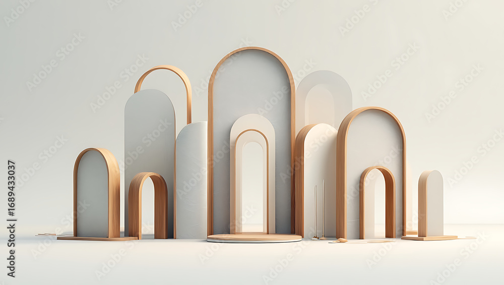Aufkleber an elegant arrangement of arched and rectangular forms in white and cream with delicate gold trim, c
