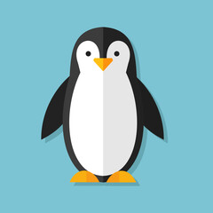 Flat Design Illustration of a Cute Penguin on a Blue Background