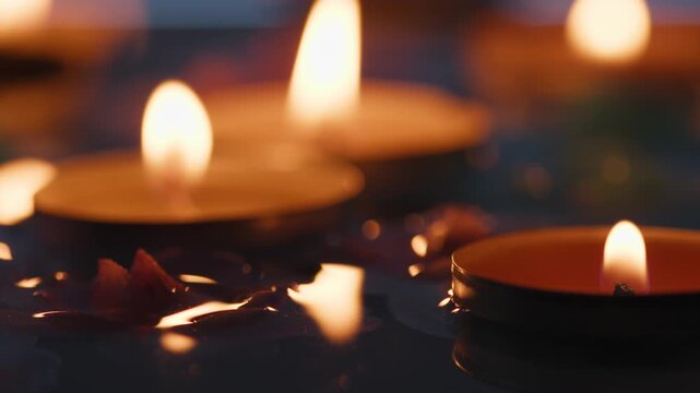 Candles floating in river water for Diwali festival