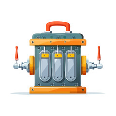 Cartoon industrial machine illustration featuring valves, gauges and tanks in a playful style vector graphic design