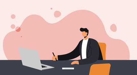 Fototapeta premium Focused businessman working at a desk, taking notes with a laptop. Represents productivity, remote work, and online learning.