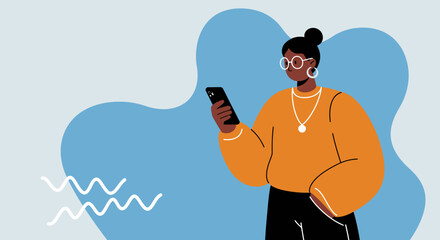 Modern woman in glasses and orange top actively uses her smartphone against a vibrant, abstract background, depicting digital communication and connection.
