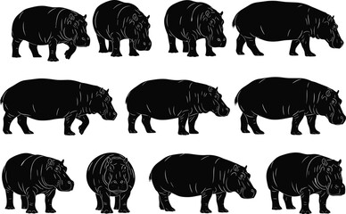 Hippopotamus silhouette vector set, hippo animal clipart, wildlife mammal illustrations, African river horse graphic design, zoo animal art icons