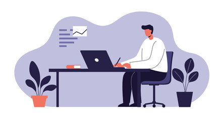 Focused man diligently working on his laptop and writing notes at a modern desk. Ideal for concepts of remote work, business productivity, online learning, and professional strategy.