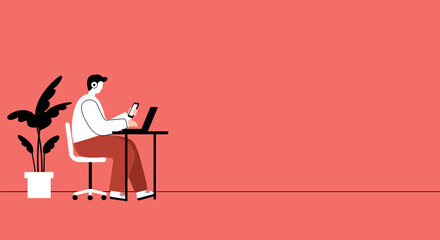 A person multitasks remotely, using a laptop and smartphone with headphones on, depicting modern work and digital communication.