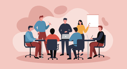 Diverse business team collaborating in a productive office meeting. Illustrates teamwork, strategy, innovation, and professional discussion for corporate projects.