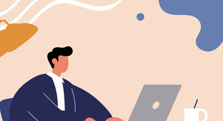 Professional man in a suit working on his laptop, embodying remote work, productivity, and modern business concepts. Ideal for technology, freelance, or corporate themes.