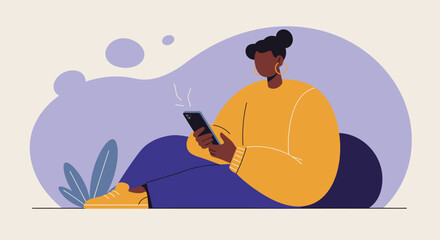 Modern person of color sitting casually, using a smartphone for digital communication, social media, or online content. Represents connectivity and modern lifestyle.
