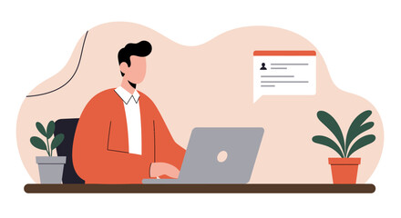 A focused man uses his laptop at a desk, engaging in online work, remote communication, or resume submission. Ideal for business, technology, and lifestyle concepts.