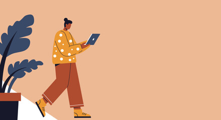 Modern person walking and using a digital tablet, representing remote work, online learning, or digital connectivity and communication in a minimalist setting.