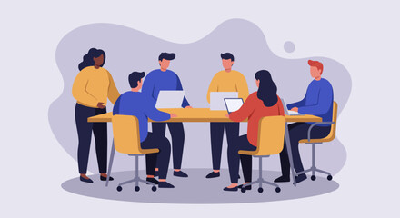 Diverse business team collaborating in a modern office meeting room, utilizing laptops and tablets for project discussion and brainstorming.