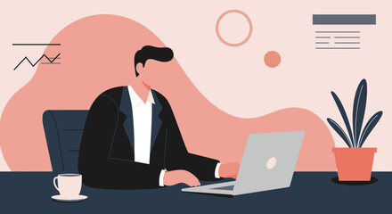 A professional businessman works diligently on his laptop at a modern office desk, embodying productivity, remote work, and corporate success.