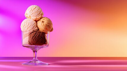 A vibrant glass bowl filled with three scoops of ice cream in assorted flavors, set against a colorful gradient background