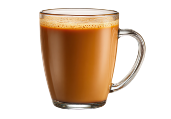 Clear glass mug filled with a light brown coffee drink.  Foamy top layer