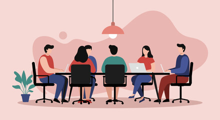 Diverse team collaborates in a modern office, working on laptops during a business meeting or project discussion. Ideal for corporate, teamwork, or productivity concepts.