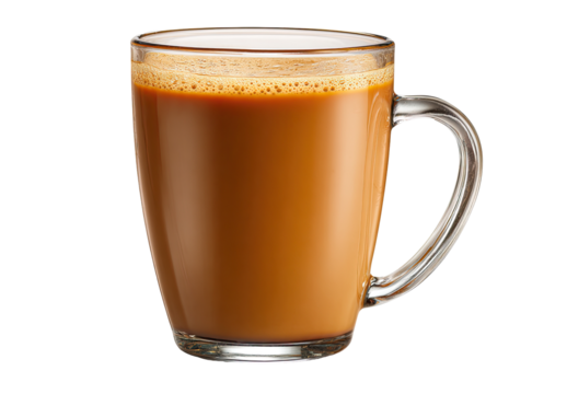 Clear glass mug filled with a light brown coffee drink.  Foamy top layer