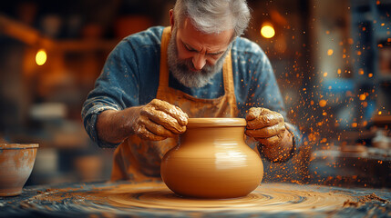 A skilled potter intently molds fresh clay on a rotating wheel, creating a unique ceramic vessel in a rustic studio.