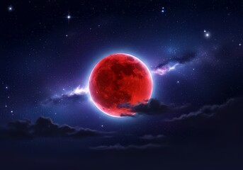 Astronomy theme, A breathtaking digital painting of a total lunar eclipse with a red moon glowing in the night sky filled with stars.