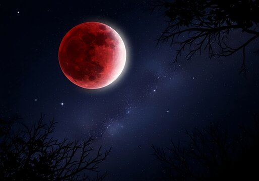 Astronomy theme, A breathtaking digital painting of a total lunar eclipse with a red moon glowing in the night sky filled with stars.
