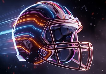 American football concept, A glowing abstract football helmet with futuristic neon lines on a dark background, symbolizing sports energy.