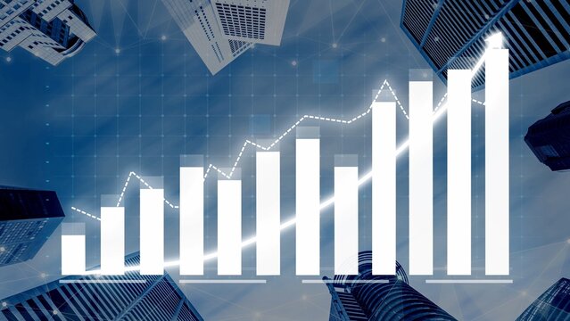 This image showcases a modern cityscape from a unique perspective, featuring a financial growth chart overlaid with a dynamic trend graph representing economic progress. Copula