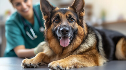 A beautiful German Shepherd dog lies calmly on the table during its veterinary examination with a caring animal doctor.