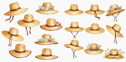 A collection of watercolor women's straw hats, featuring various summer styles with wide brims, ribbons, and floral decorations.