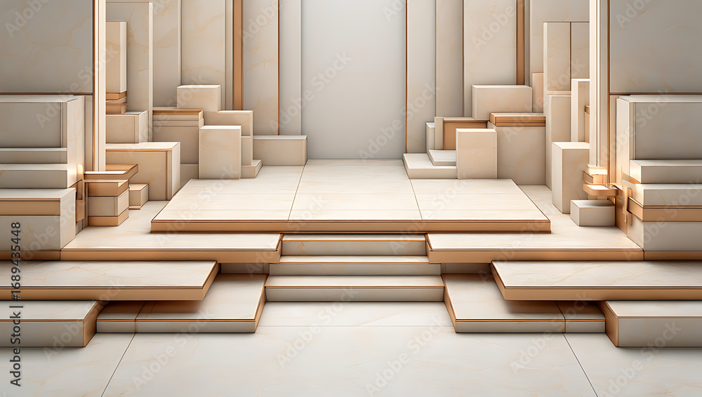 Poster abstract architectural interior with layered platforms and geometric blocks in neutral tones, creati
