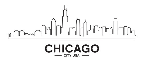 Fototapeta premium Chicago city Line Art skyline horizontal banner. Black Chicago city, USA. Vector template for your design. with white background