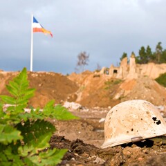 Wartime debris, a faded flag