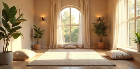 Serene Meditation Room Soft Natural Light, Comfortable Cushions, Calming Decor, Ideal for Mindfulness, Yoga, and Relaxation Practices. Peaceful Atmosphere, Clean Background.