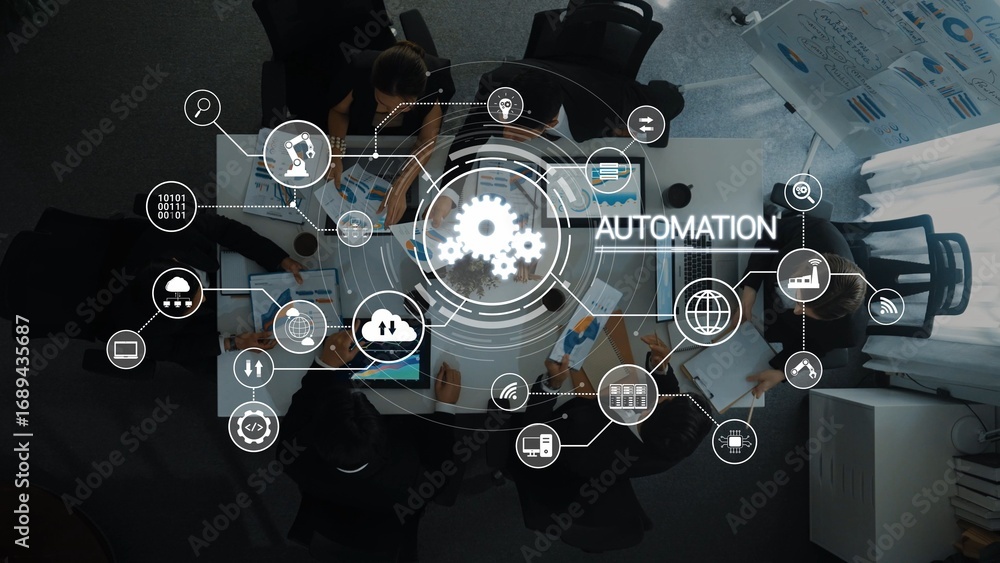 Aufkleber a top view of a modern office meeting showcases a diverse team collaborating on automation strategie