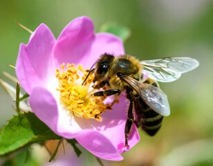 Bee Pollinating Pink Flower in Natural Garden Setting