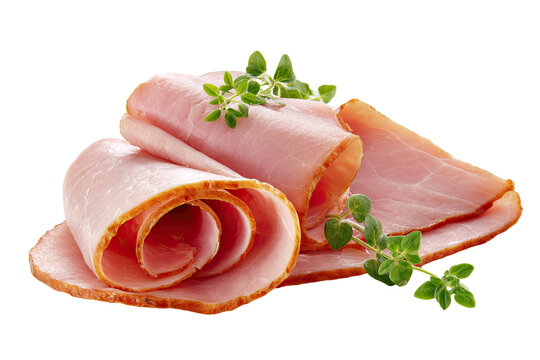 Sliced ham, curled and overlapping, with fresh thyme sprigs