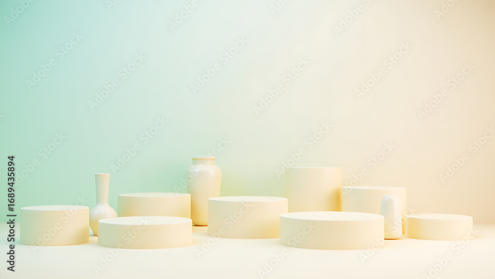 Aufkleber collection of creamcolored cylindrical and circular pedestals and a vase arranged on a white surface