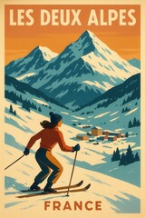 Poster-style illustration of a skier skiing toward Les Deux Alpes France with snowy alpine landscape and mountain village below
