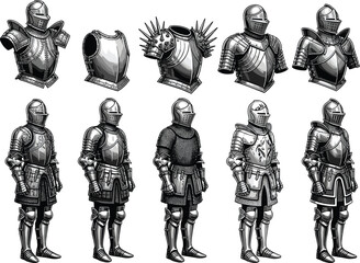 Medieval knight armor vector set, full body and torso armor illustrations, ancient battle suit clipart, historical metal suit design