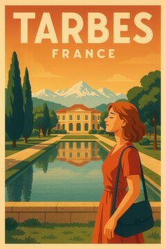 Illustration of a woman standing peacefully near a reflecting pool in a manicured garden with distant Pyrenees and classical architecture in Tarbes, France
