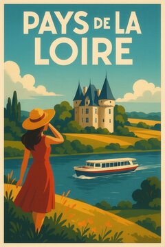 Colorful travel poster of Pays de la Loire, France with a woman in red dress overlooking a castle, riverboat, trees, and rolling yellow hills under blue sky