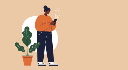 Stylish woman actively engaging with her smartphone in a modern setting. Ideal for concepts of communication, social media, remote work, or contemporary lifestyle.